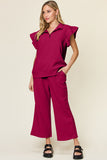 Double Take Texture Ruffle Short Sleeve Top and Drawstring Wide Leg Pants Set 