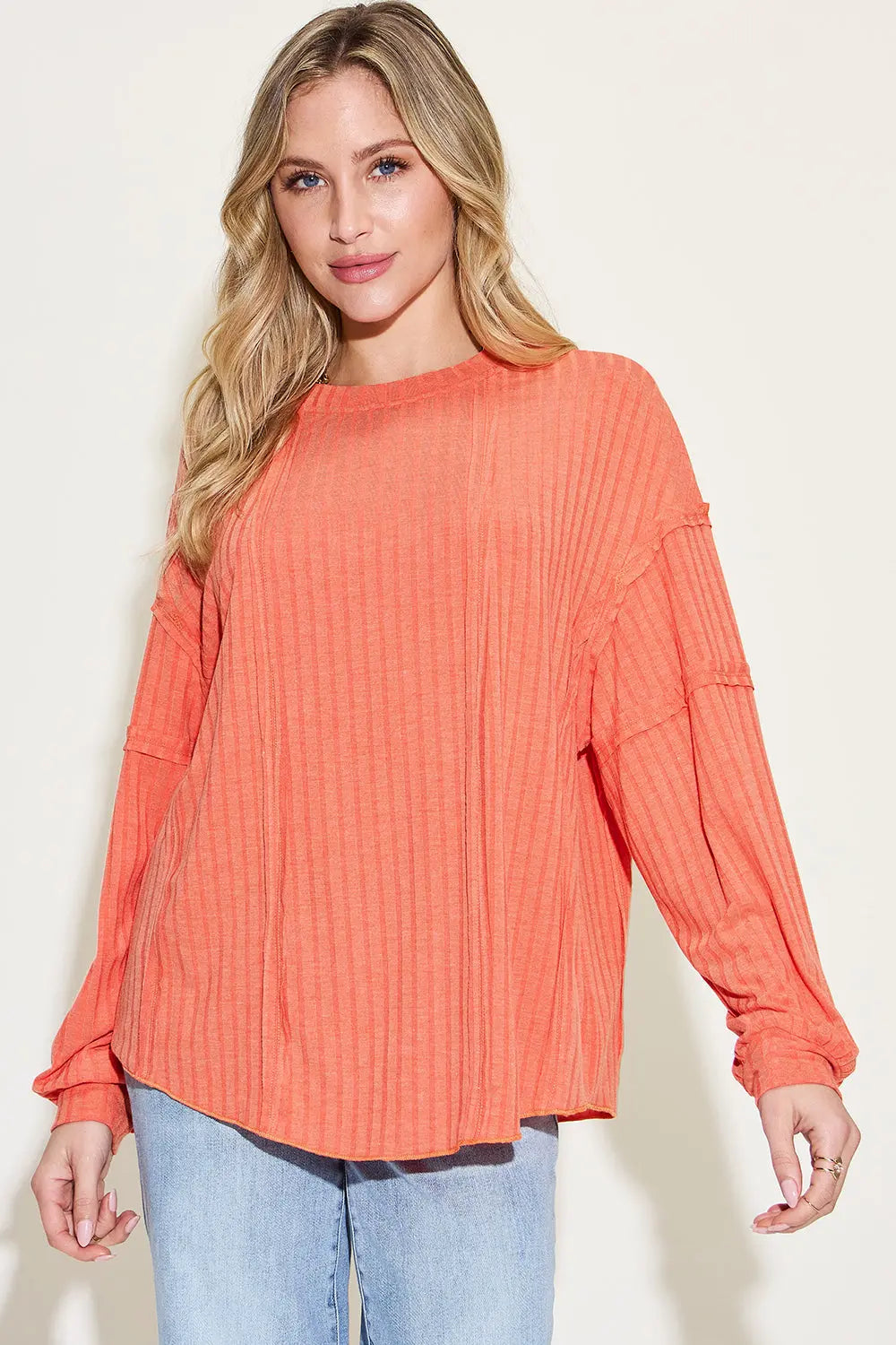 Basic Bae Full Size Ribbed Round Neck Long Sleeve T-Shirt Sweaters & Cardigans