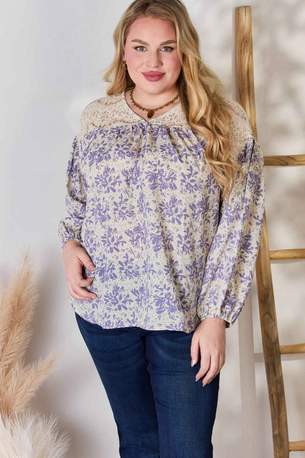 Hailey & Co Full Size Lace Detail Printed Blouse 