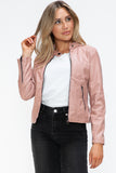 Snobbish Faux Leather Zip Up Drawstring Hooded Jacket 