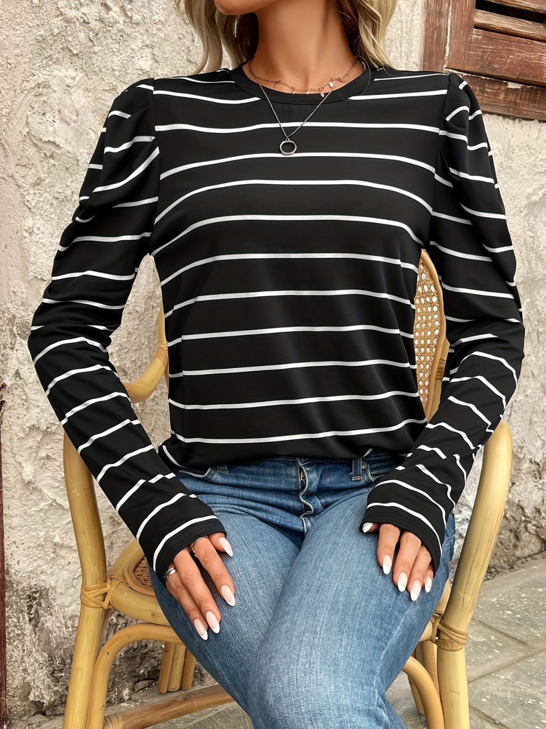 Full Size Striped Round Neck Puff Sleeve T-Shirt 