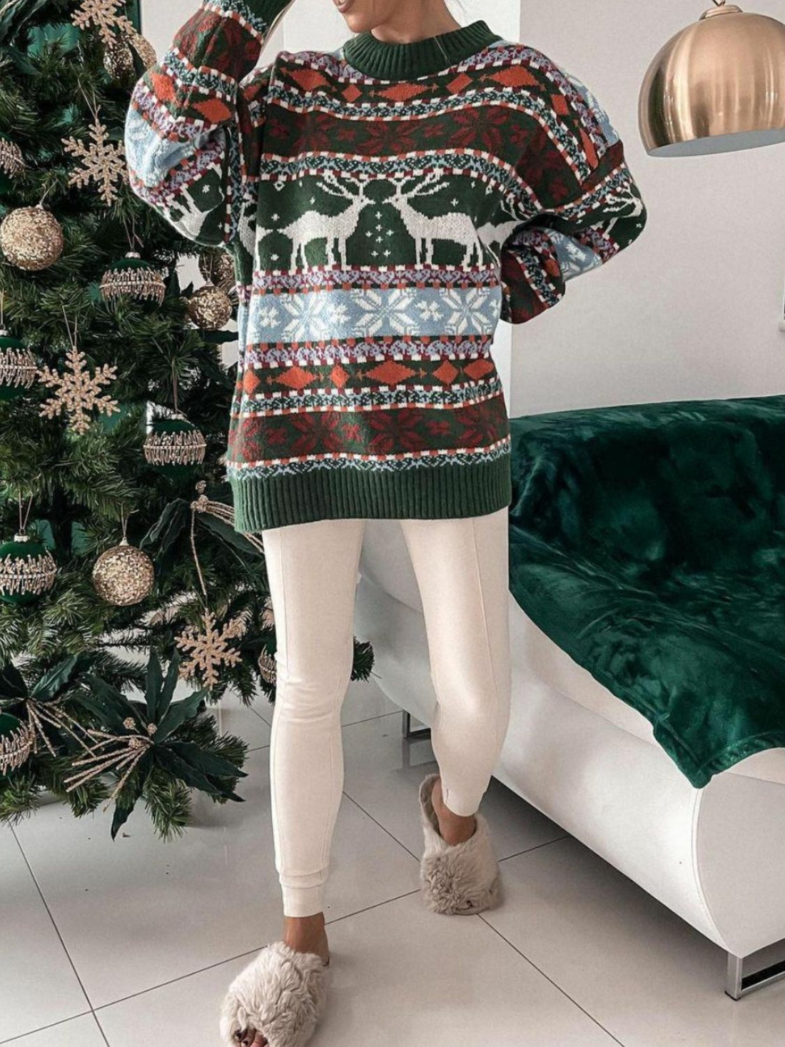 Geometric Round Neck Dropped Shoulder Sweater 
