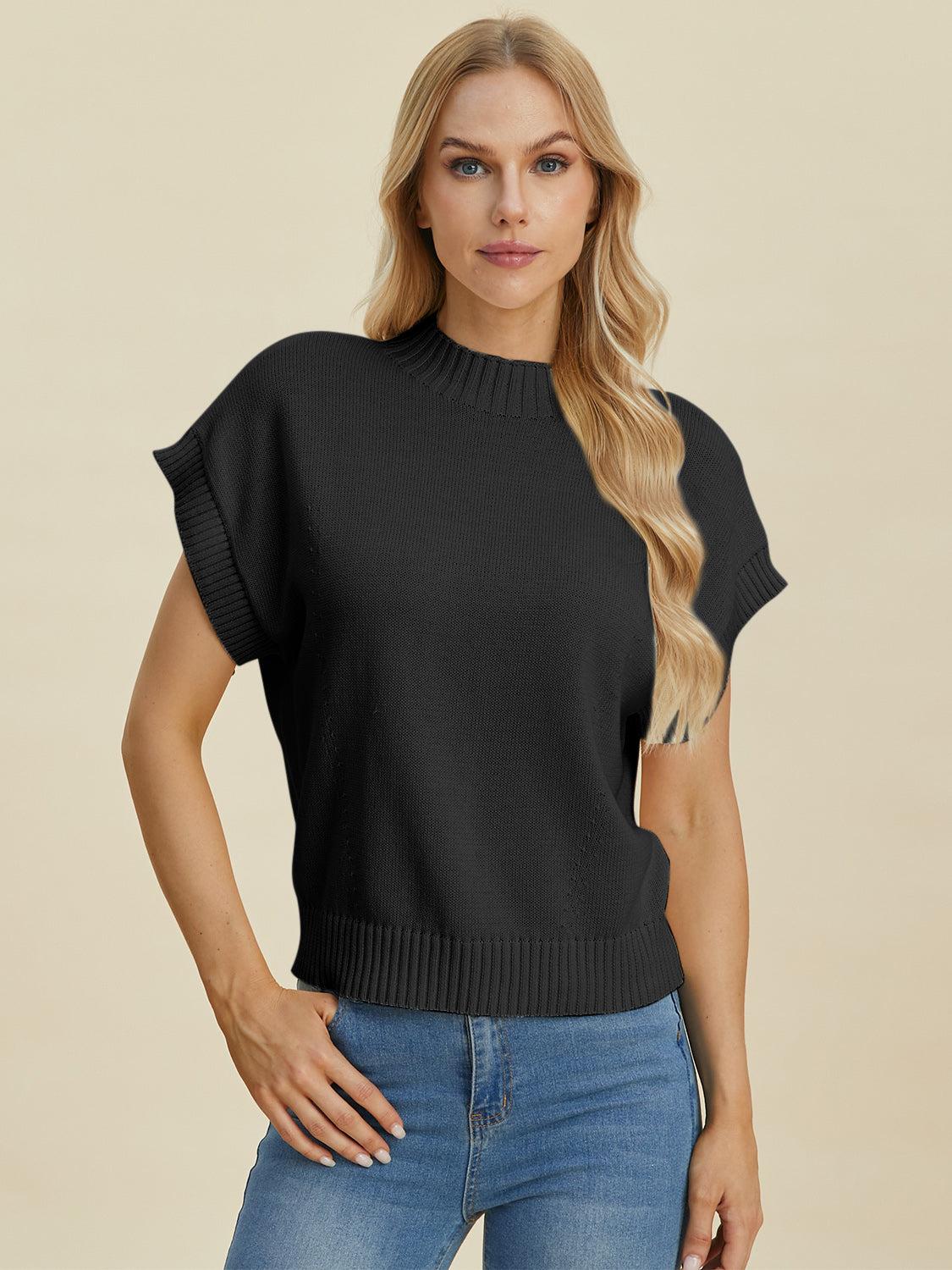 Double Take Full Size Mock Neck Short Sleeve Sweater 