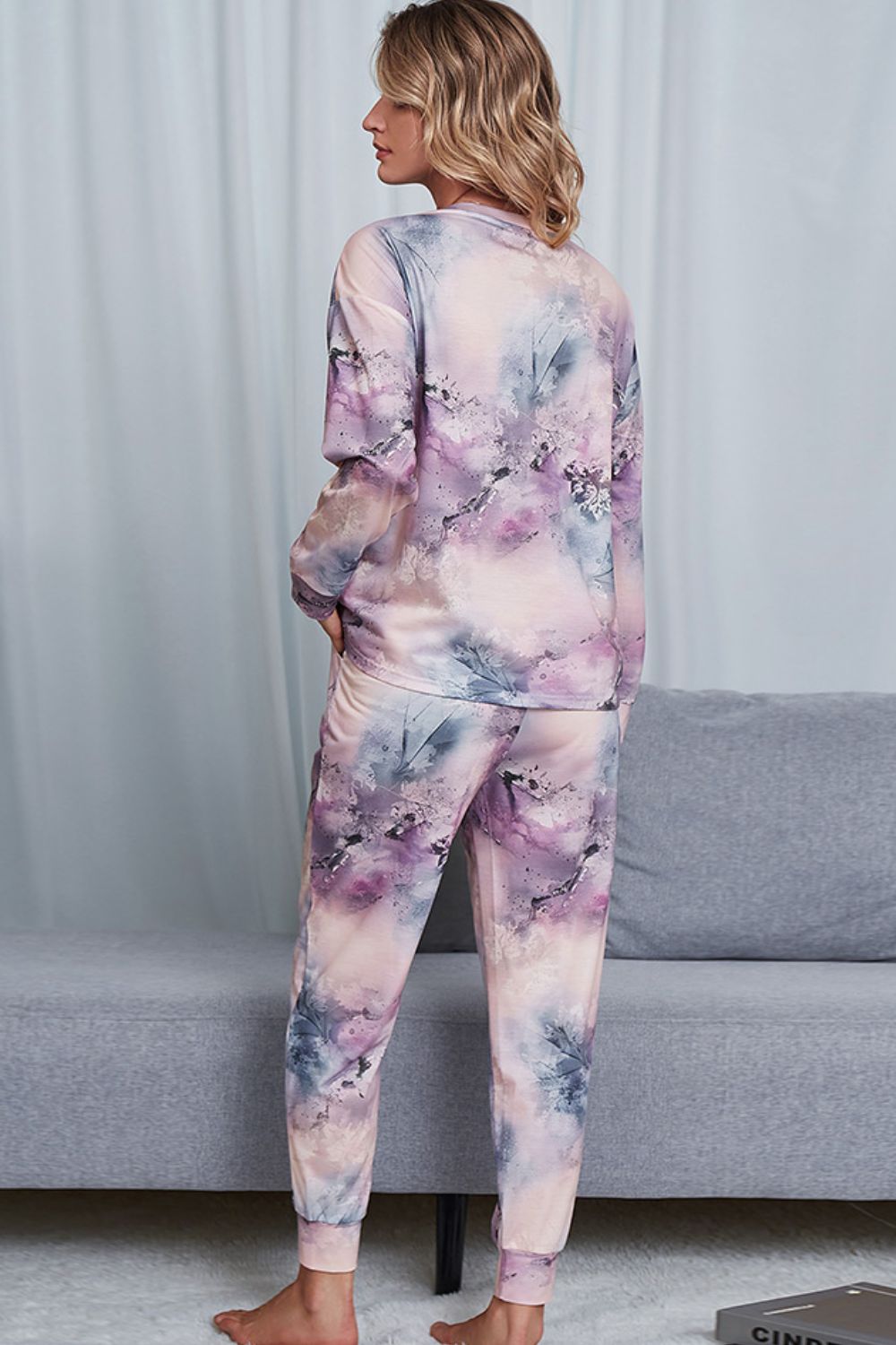 Shiny Tie-Dye Crewneck Top and Drawstring Waist Joggers Lounge Set Lingerie & Nightwear