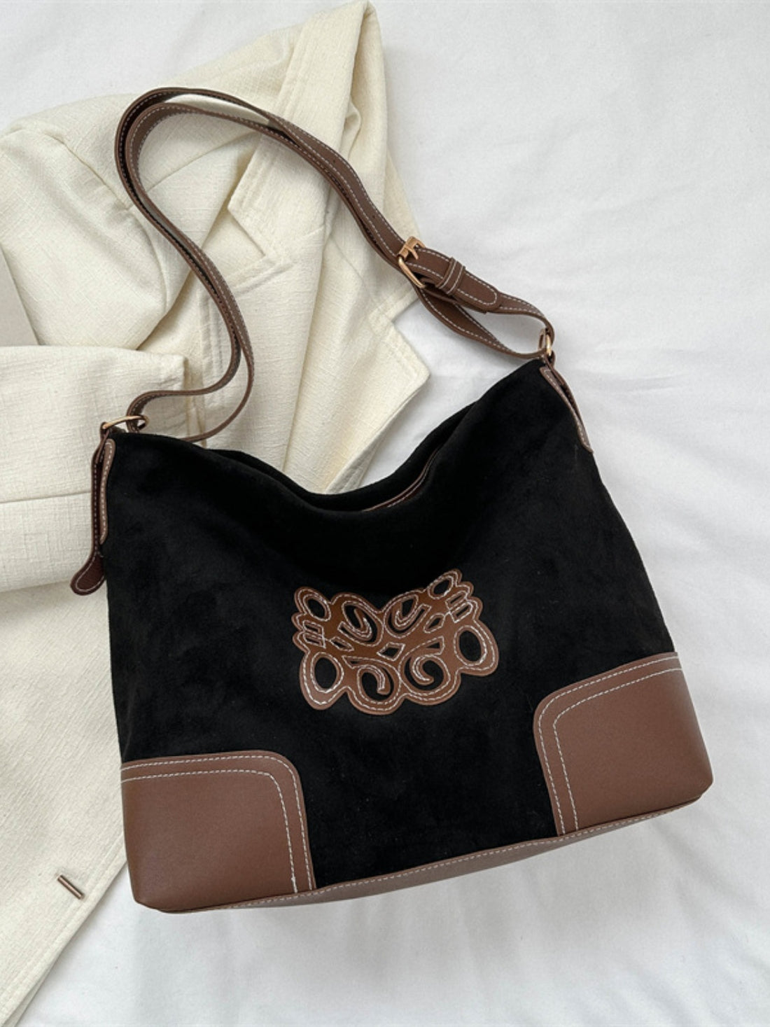 Suede Patch Adjustable Strap Tote Bag 