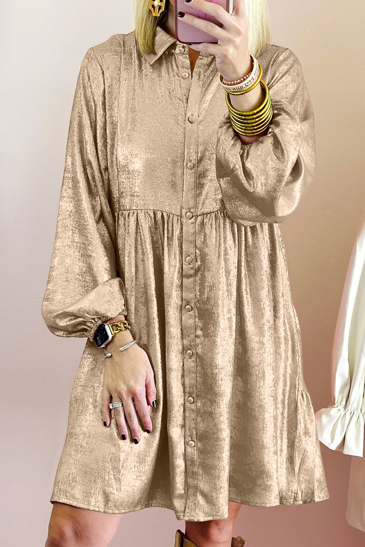 Apricot Metallic Sheen Puff Sleeve Button Up Mini Shirt Dress Dresses/Mini Dresses