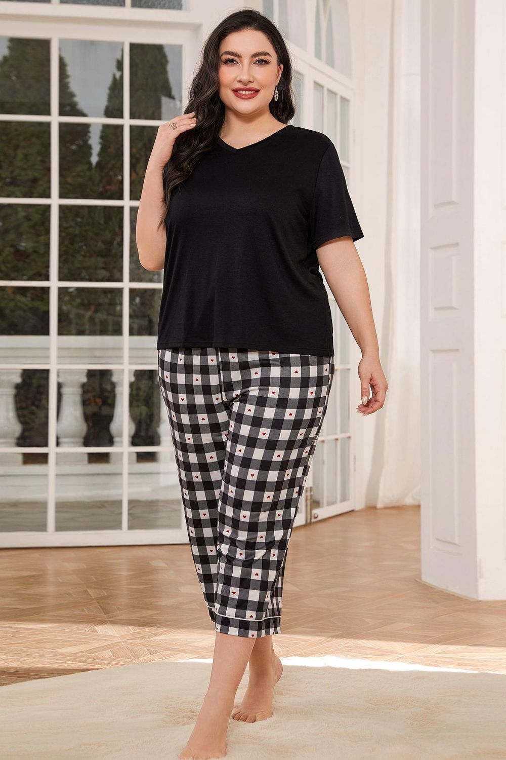 V-Neck Tee and Plaid Cropped Pants Lounge Set Lingerie & Nightwear