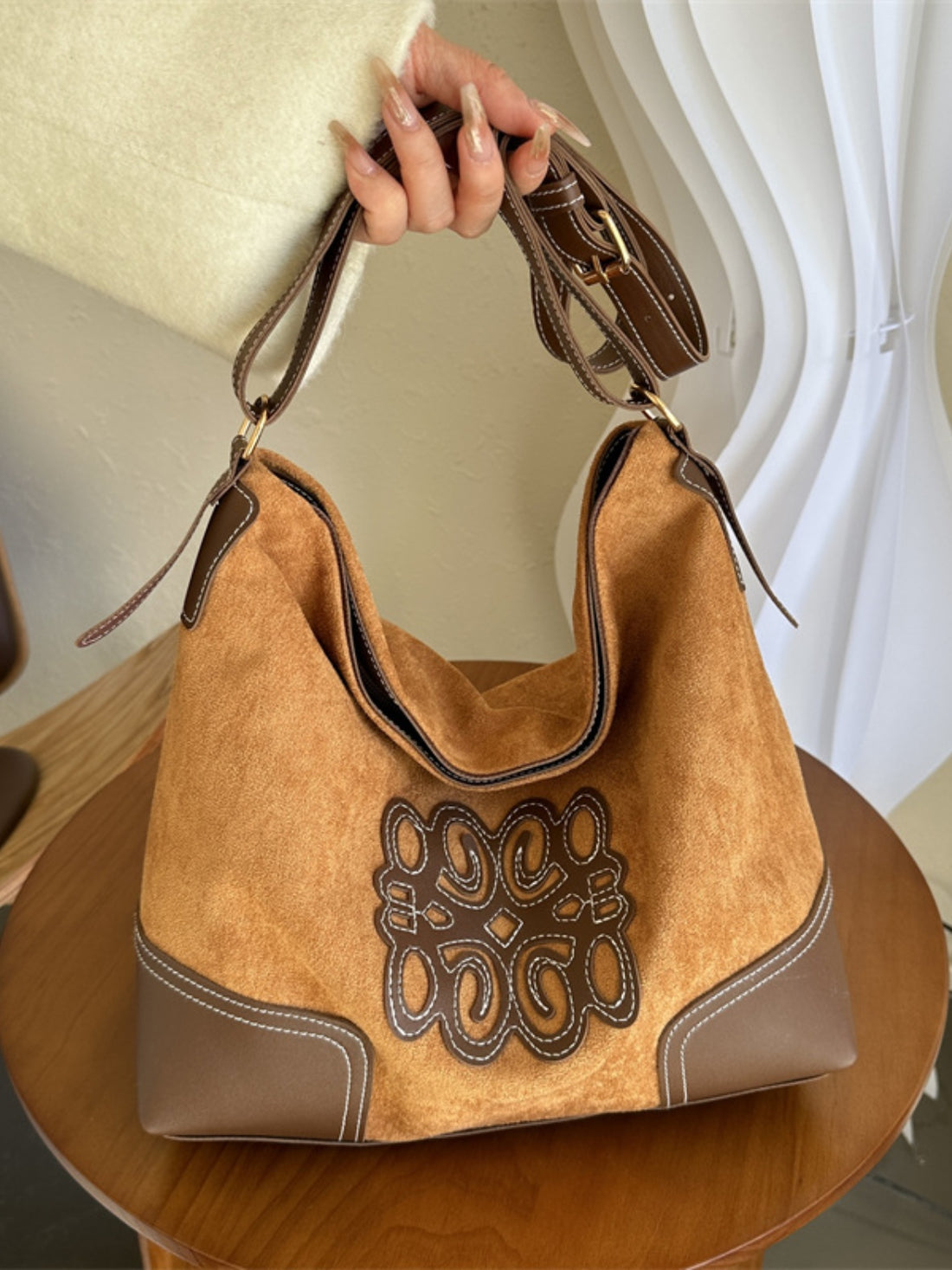 Suede Patch Adjustable Strap Tote Bag 
