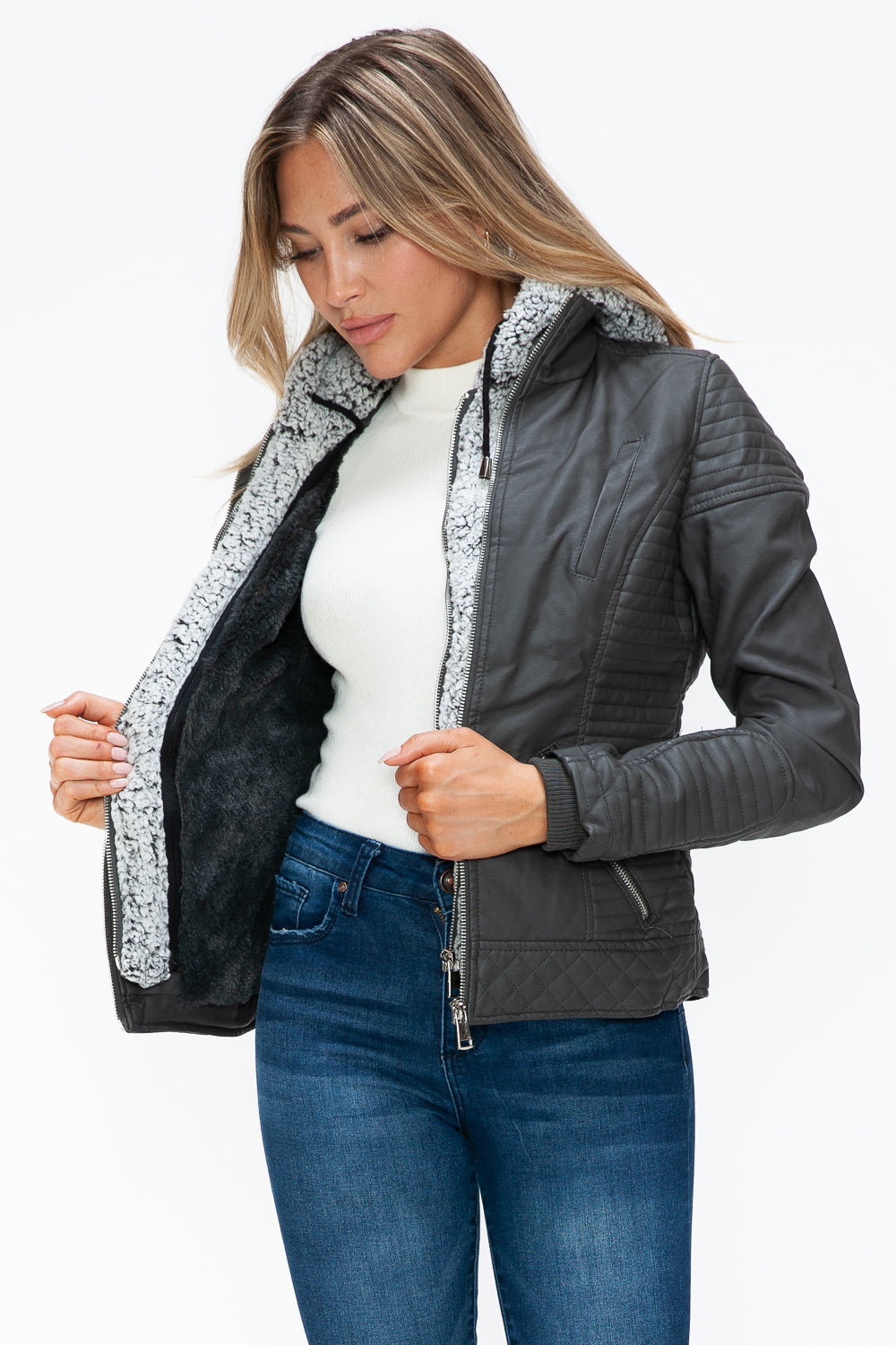 YMI Faux Layered Double-Zipper Jacket with Fuzzy Hood 