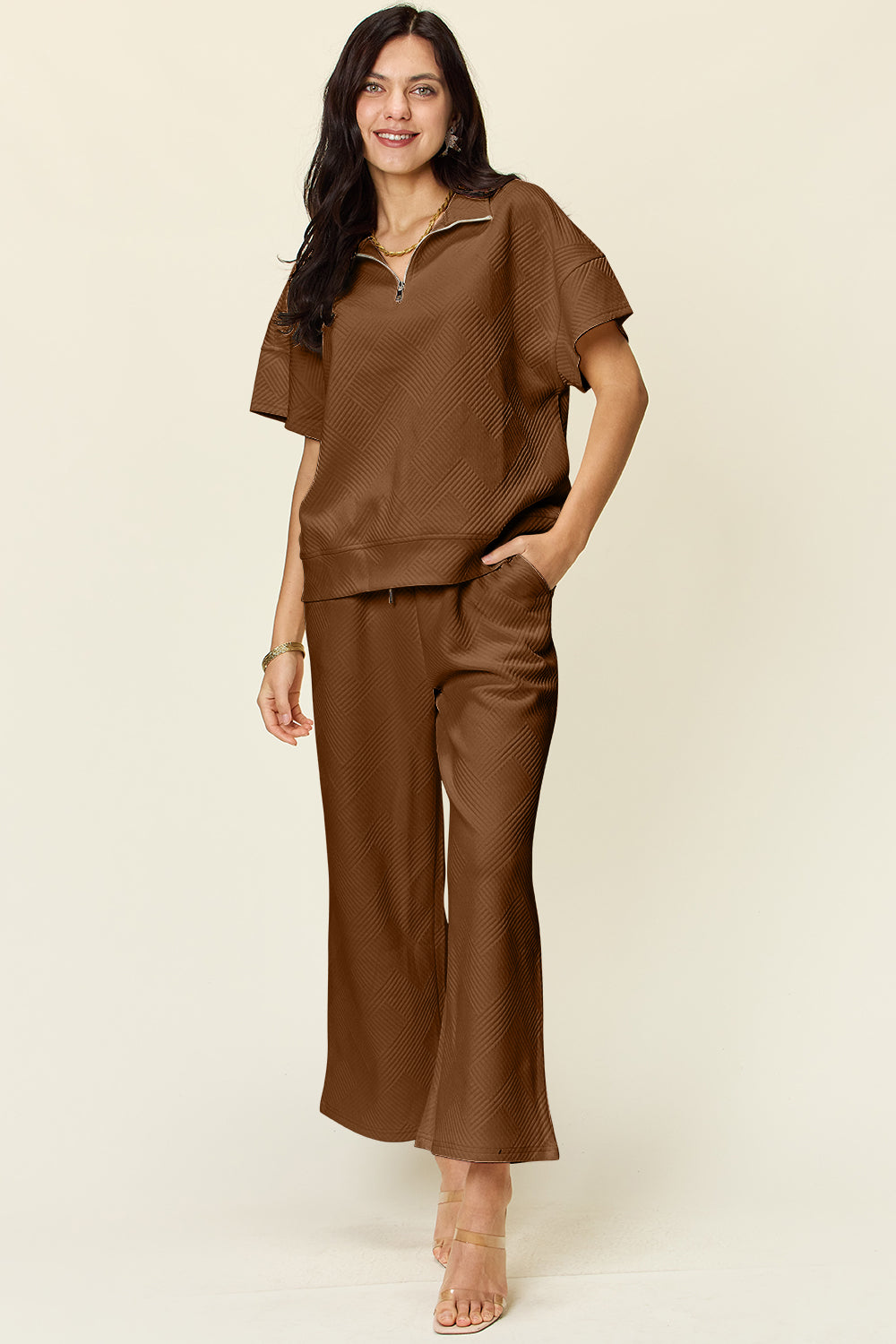 Double Take Full Size Texture Half Zip Short Sleeve Top and Pants Set 