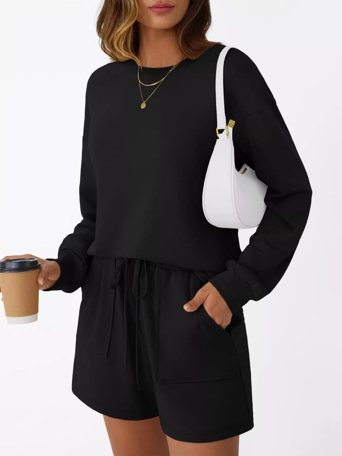 Round Neck Long Sleeve Top and Shorts Set Two Piece Dresses
