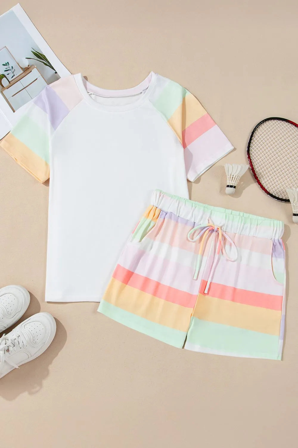Rainbow Striped Round Neck T Shirt and Shorts Lounge Set Lingerie & Nightwear