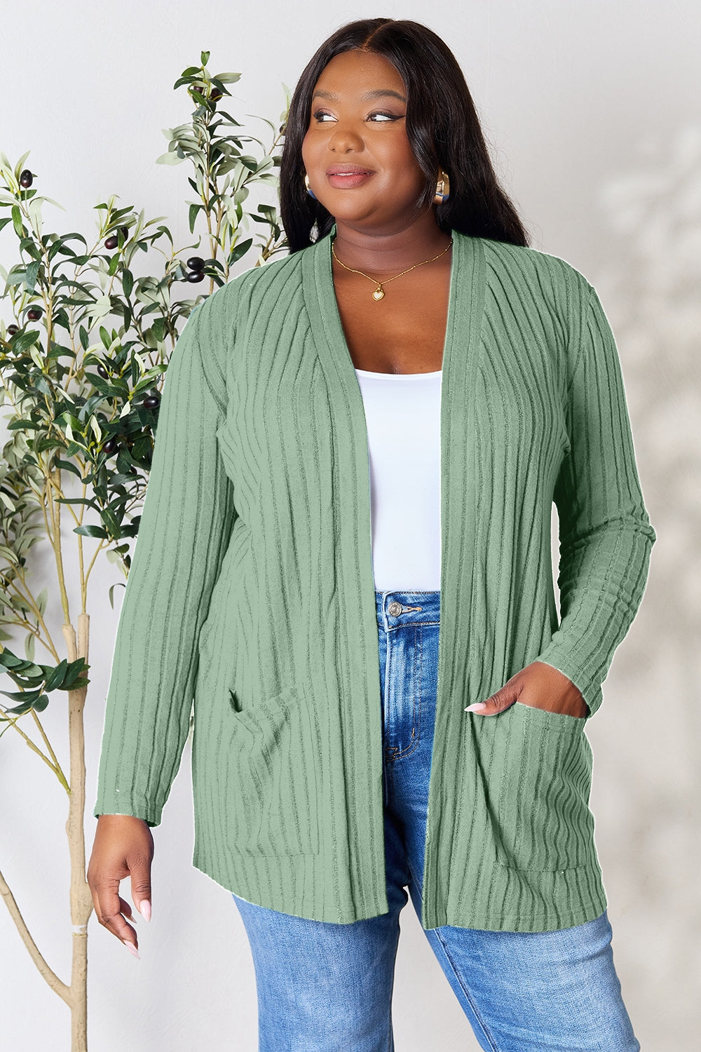 Basic Bae Full Size Ribbed Open Front Cardigan with Pockets 