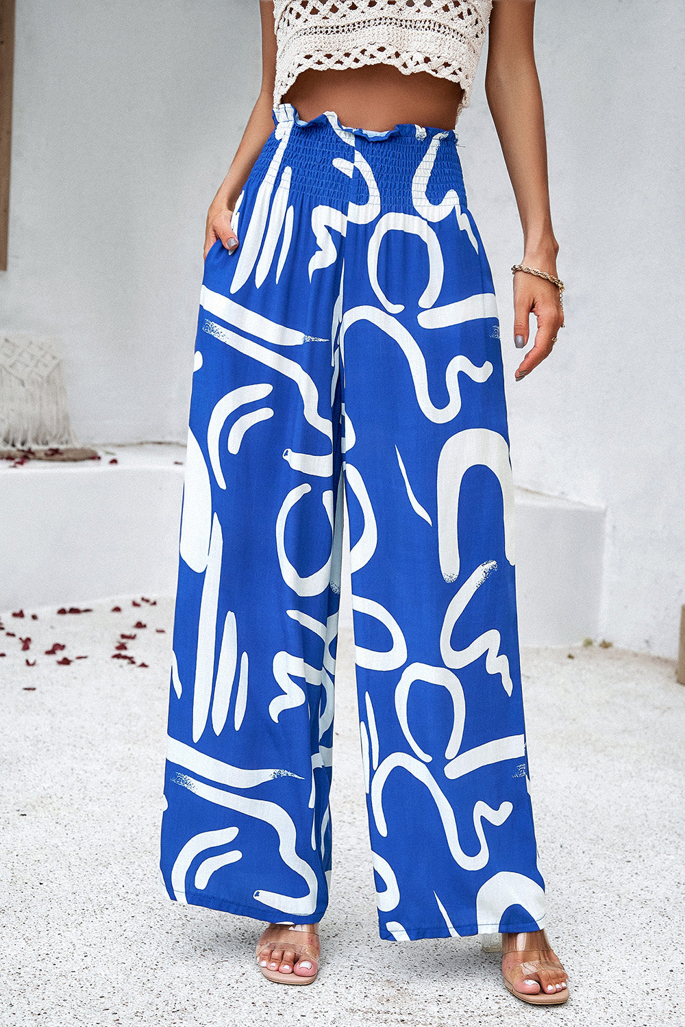 Devine Smocked Printed Wide Leg Pants with Pockets 