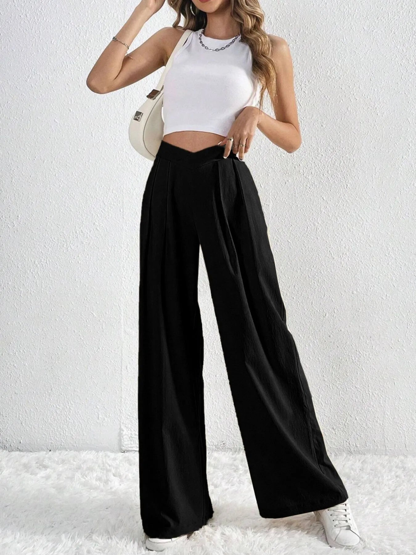 V-Waisted Ruched Front Wide Leg Pants 