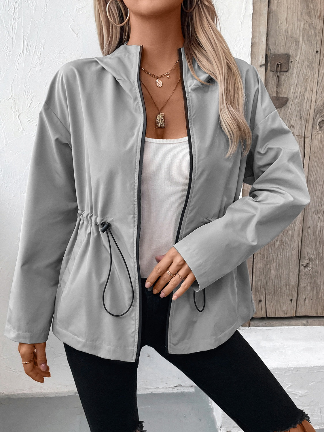 Ivy Lane Drawstring Zip Up Hooded Jacket 