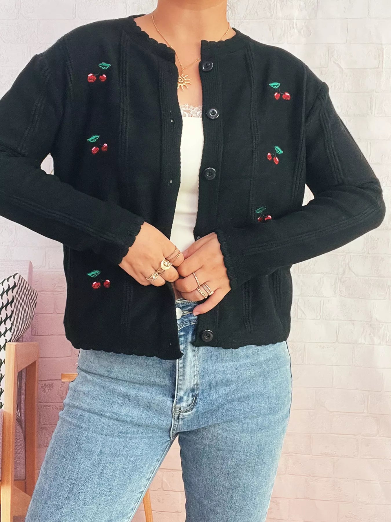 Cherry Embroidered Button Up Cardigan 
