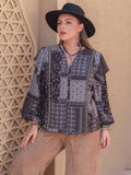 Plus Size Ruffled Printed Notched Long Sleeve Blouse 