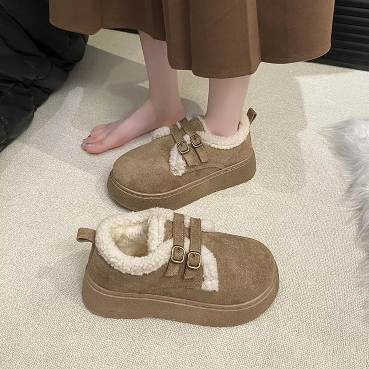 Double Buckle Fur-Lined Winter Ankle Boots 