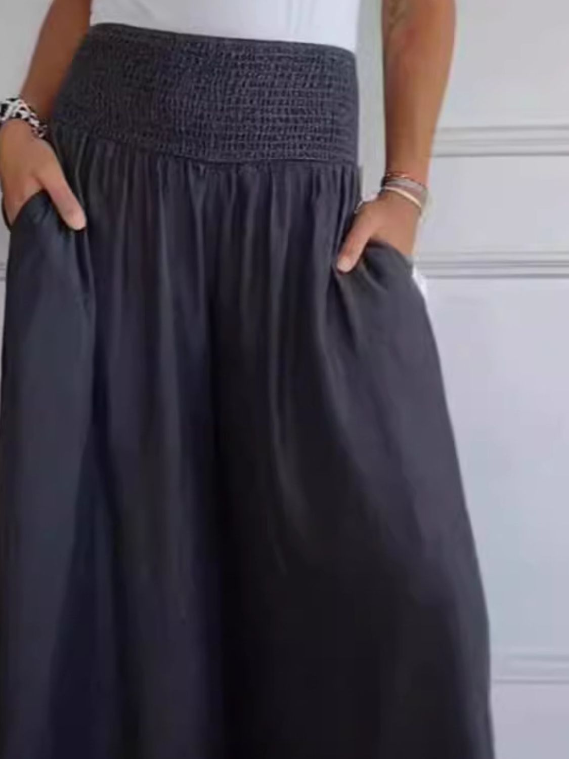 Full Size Smocked Wide Leg Pants with Pockets 