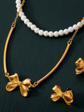 3 Piece Pearl Necklace, Bow Necklace and Stud Earrings Jewelry Set 