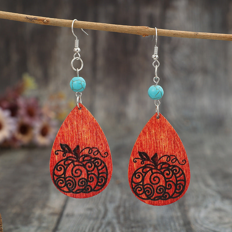 Turquoise Wooden Pumpkin Teardrop Earrings 