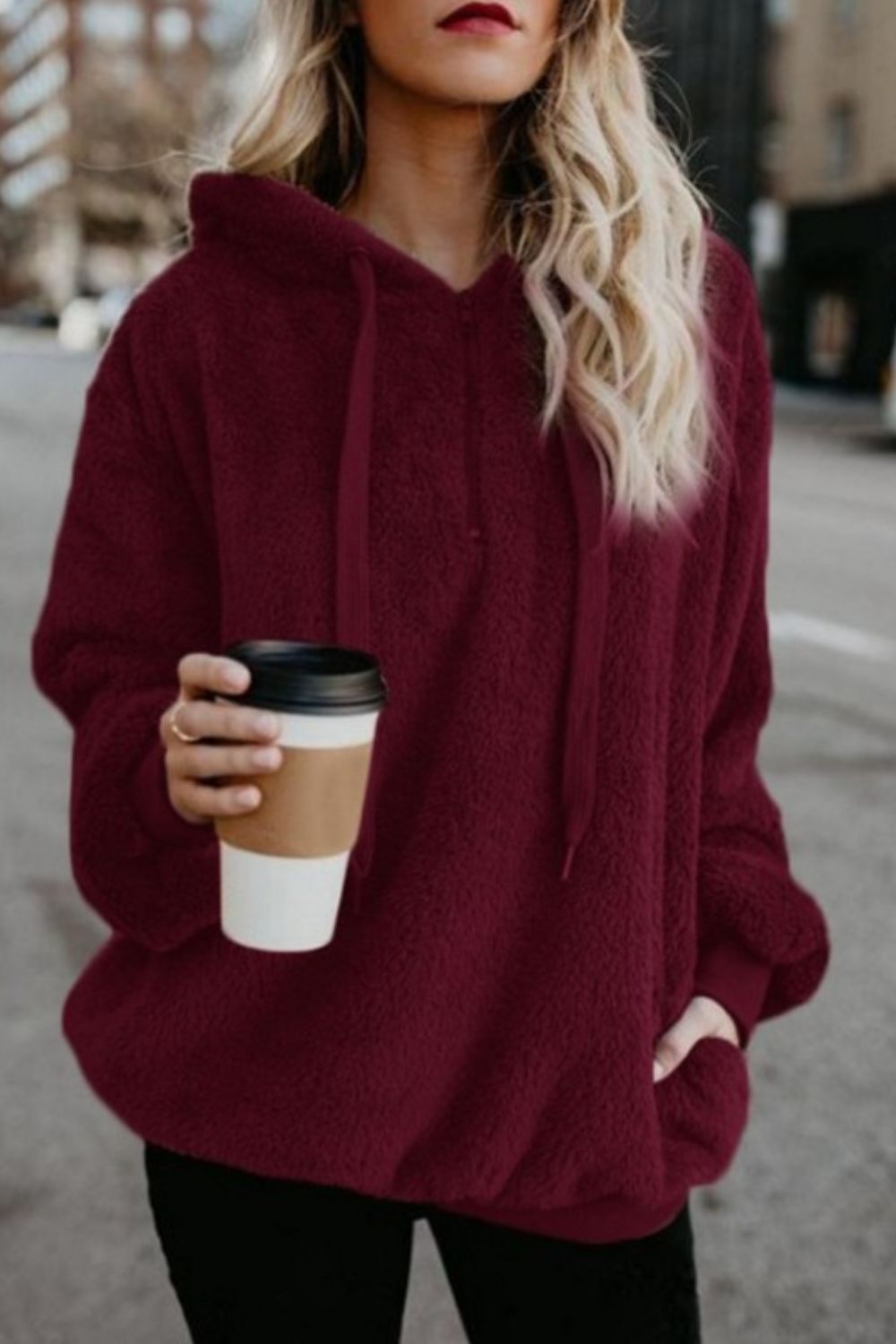 Full Size Quarter-Zip Drawstring Teddy Hoodie 