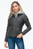 YMI Faux Layered Double-Zipper Jacket with Fuzzy Hood 