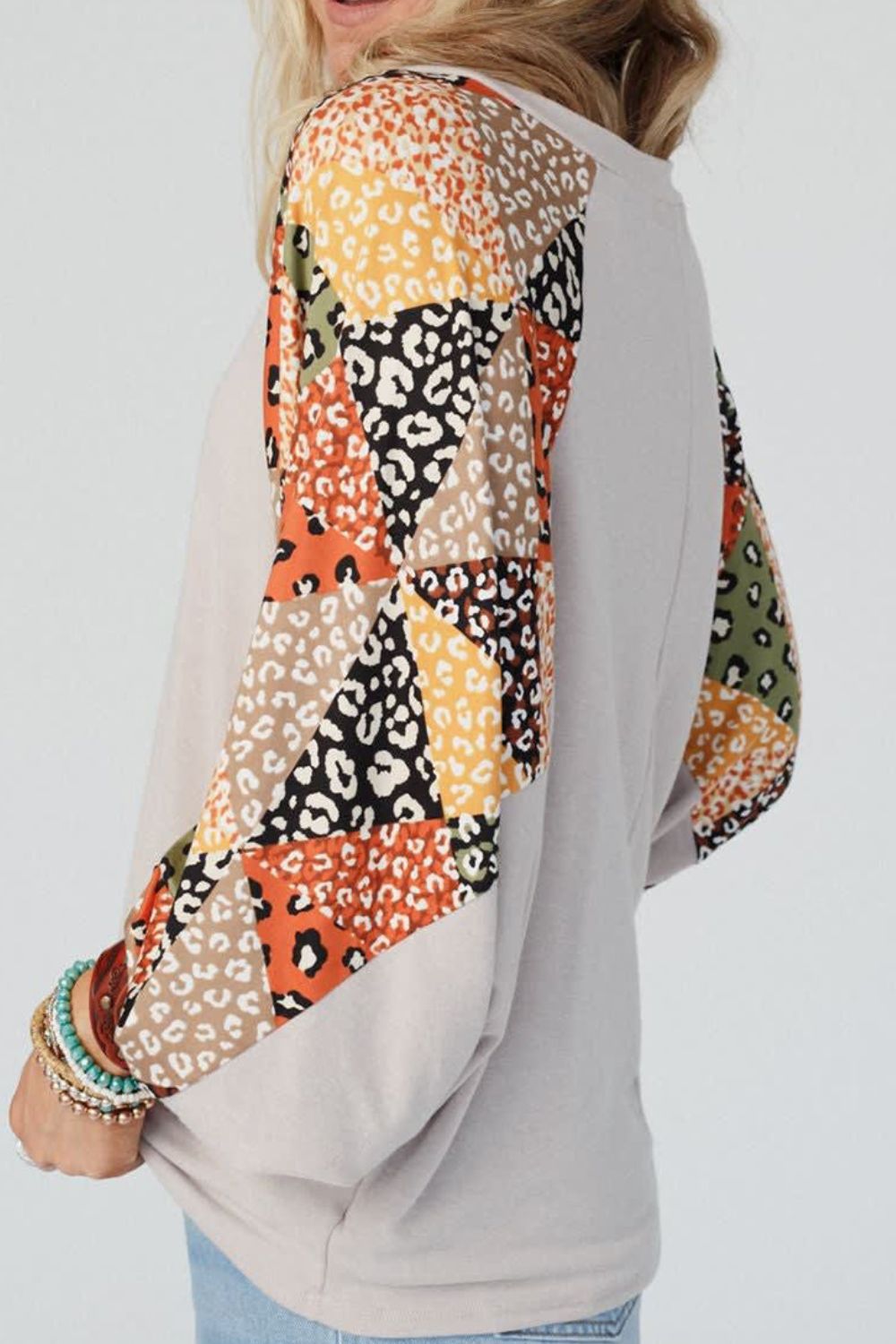 Leopard Contrast V-Neck Long Sleeve Blouse 