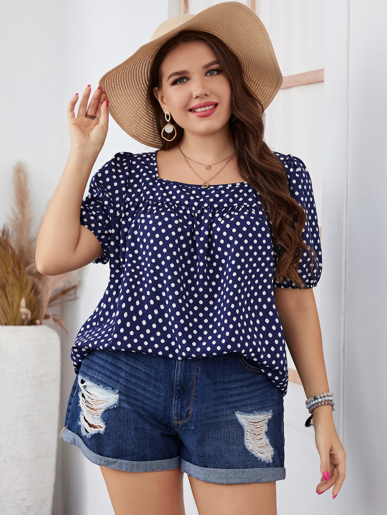 Honey Plus Size Polka Dot Square Neck Blouse 