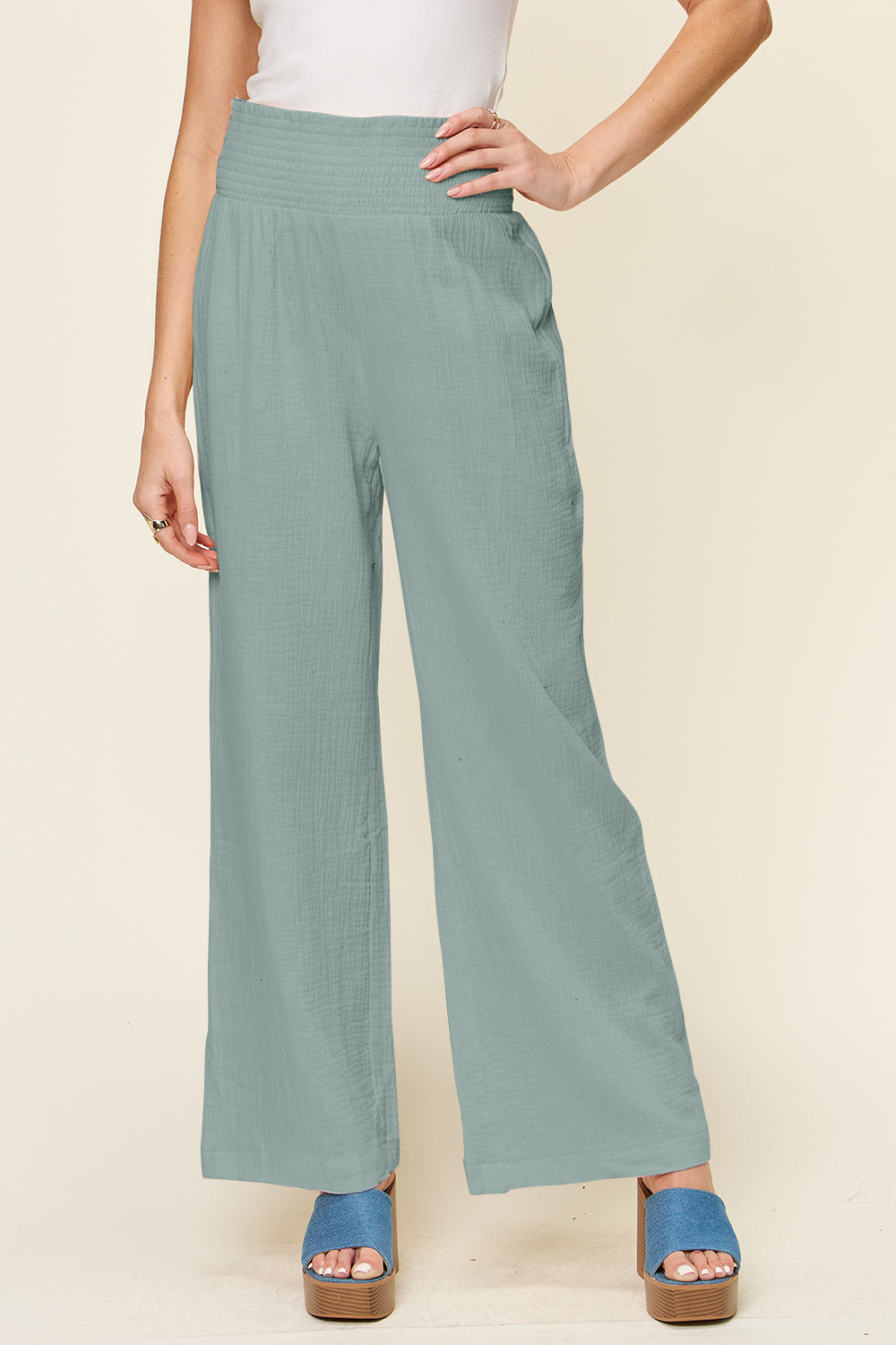 Double Take Full Size Texture Smocked Waist Wide Leg Pants 