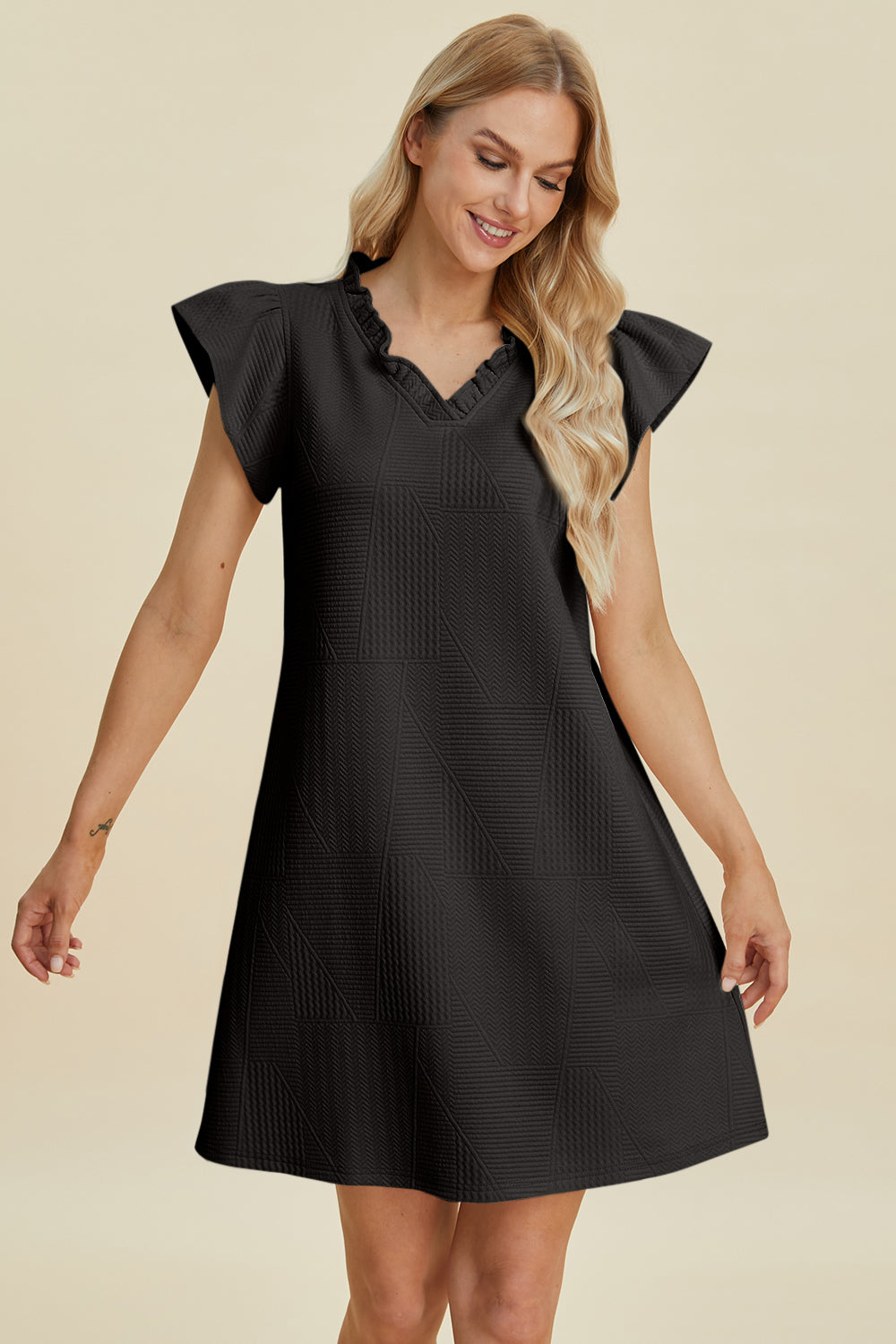 Double Take Full Size Ruffled V-Neck Cap Sleeve Dress 