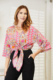 Tie Hem V-Neck Three-Quarter Sleeve Blouse 
