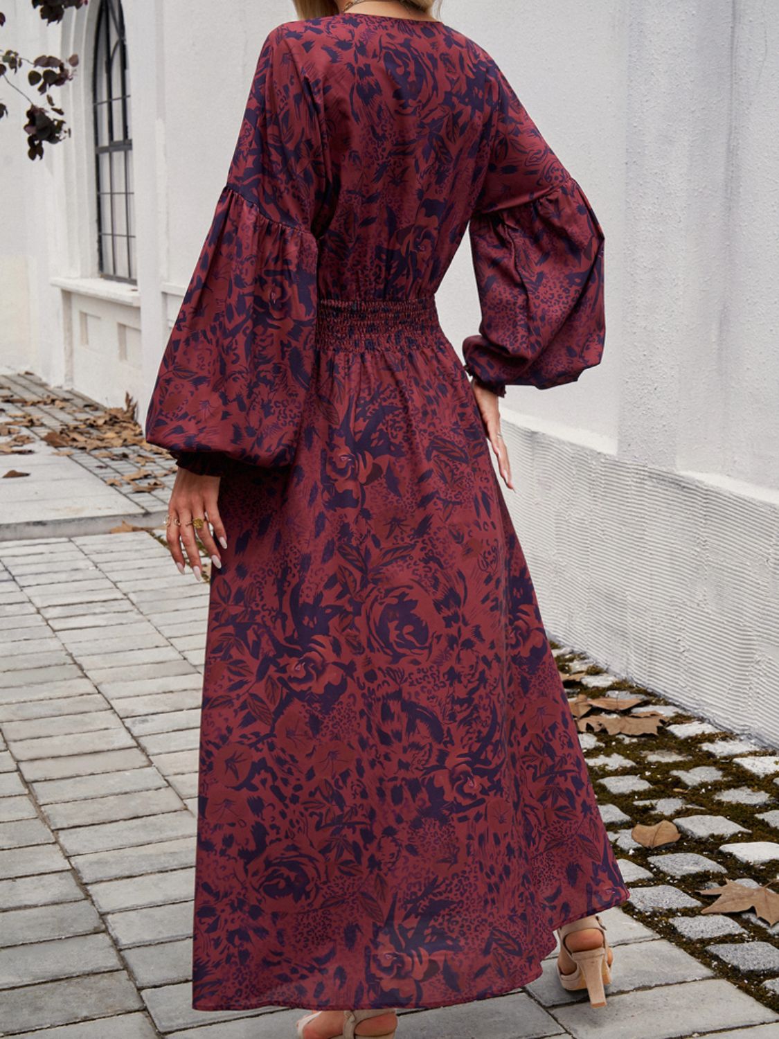 Devine Split Printed Surplice Long Sleeve Midi Dress 