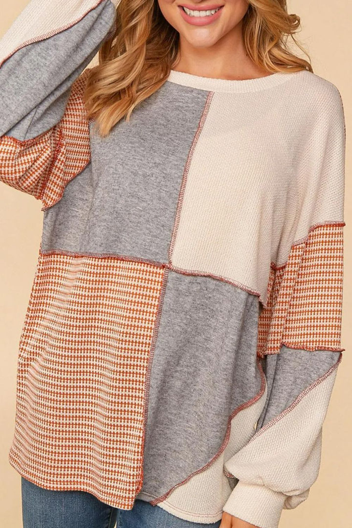 Exposed Seam Color Block Round Neck Top 