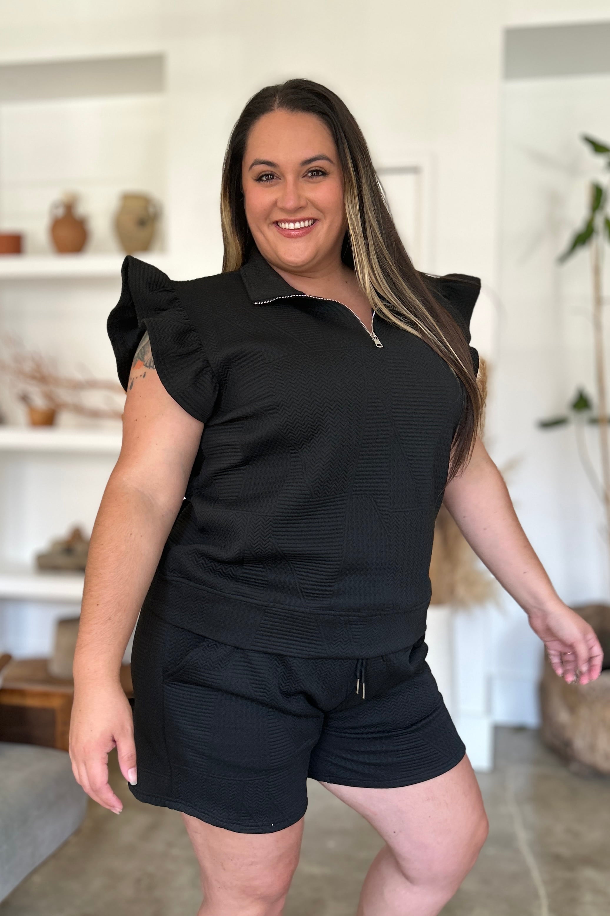 Double Take Full Size Texture Flounce Sleeve Top and Shorts Set 