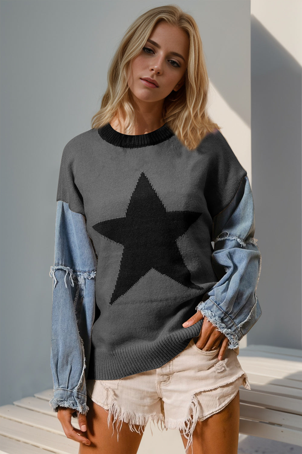 Double Take Full Size Star Pattern Raw Edge Long Sleeve Sweater 