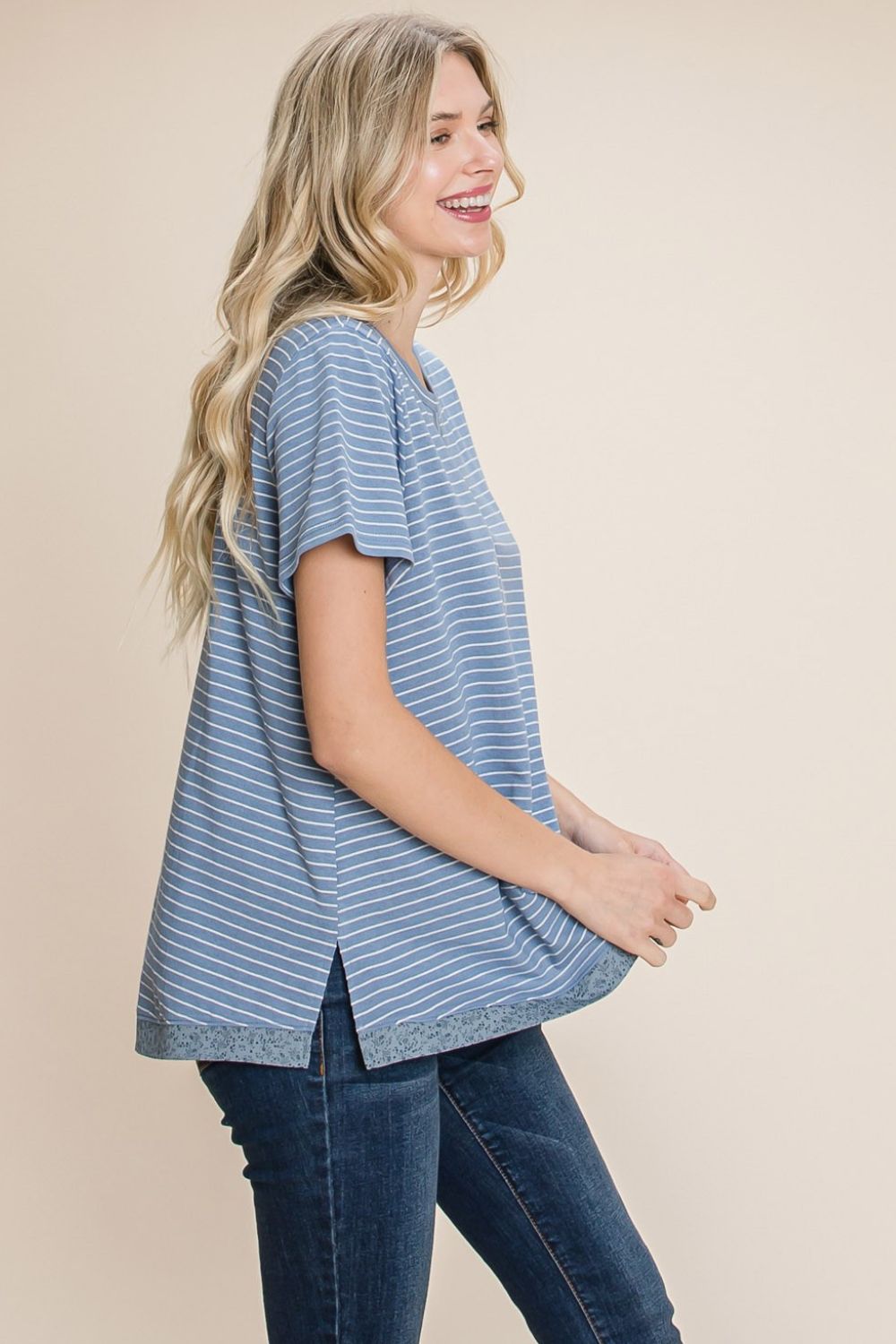 Cotton Bleu by Nu Lab Slit Striped Notched Short Sleeve T-Shirt 