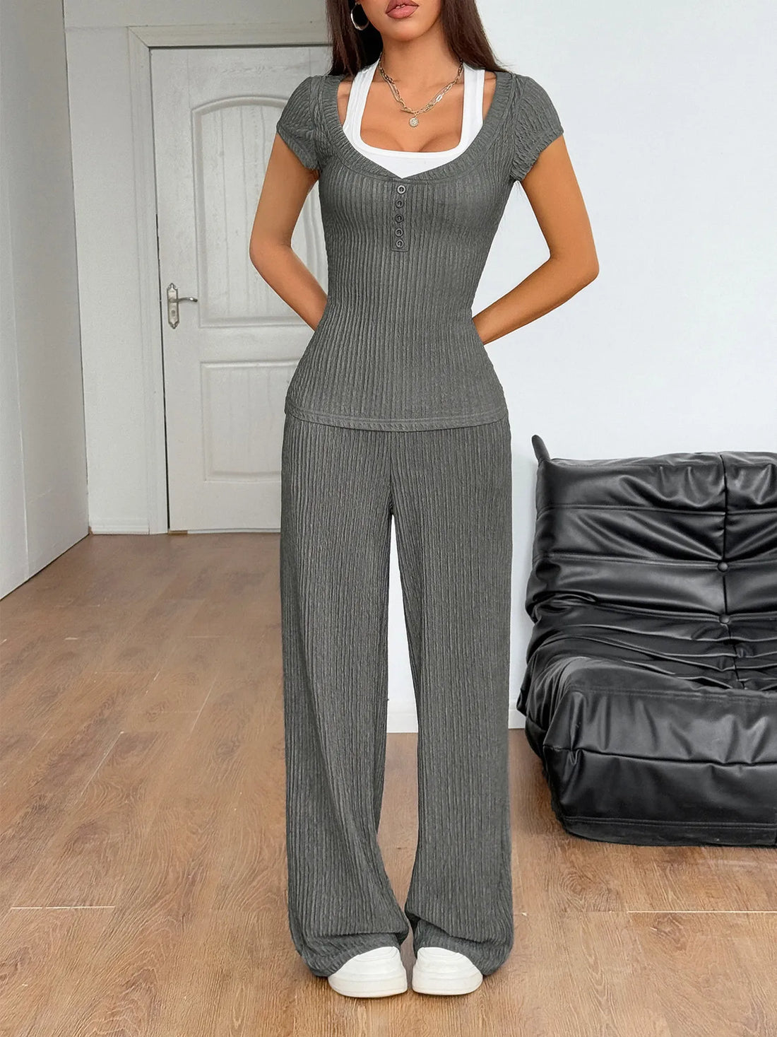 Textured Short Sleeve Top and Pants Set Two Piece Dresses