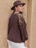 Plus Size Lace Detail Tie Neck Long Sleeve Blouse 