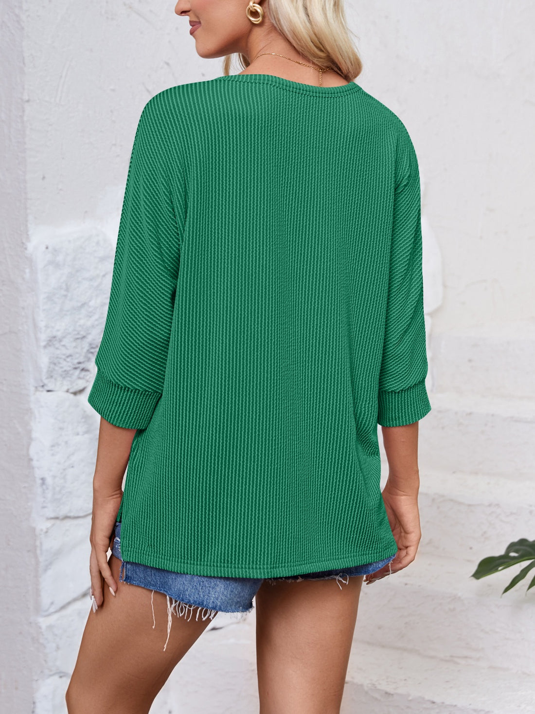 Lovelet Textured Round Neck Three-Quarter Sleeve Blouse 