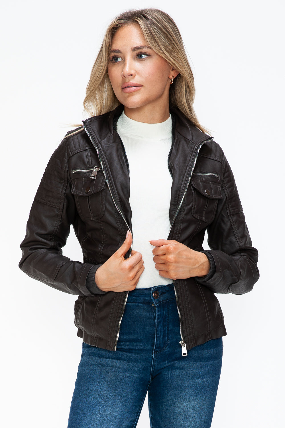 YMI Removable Faux Layered Multi-Pocket Jacket with Fuzzy Hood 