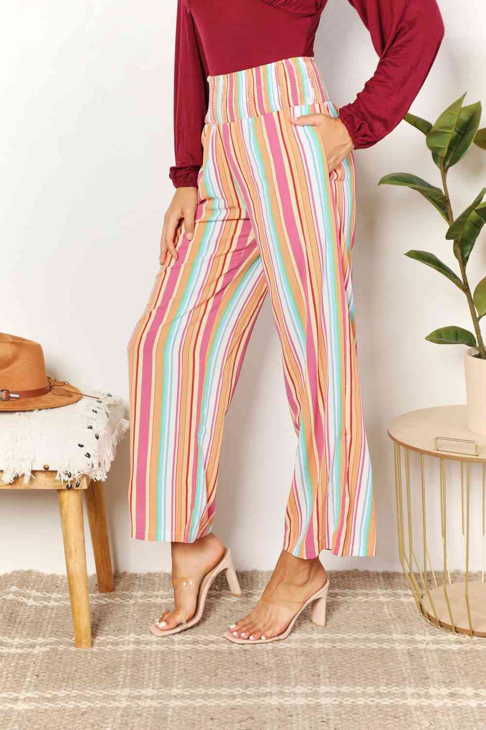 Double Take Striped Smocked Waist Pants with Pockets 