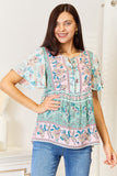 Perfee Floral Tie Neck Short Sleeve Blouse 