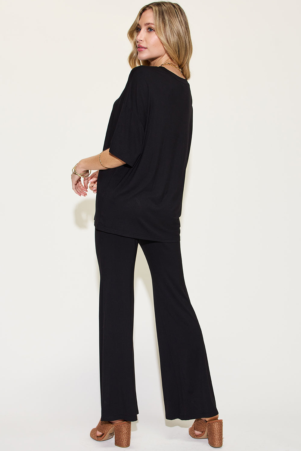 Basic Bae Full Size Bamboo Drop Shoulder T-Shirt and Flare Pants Set 