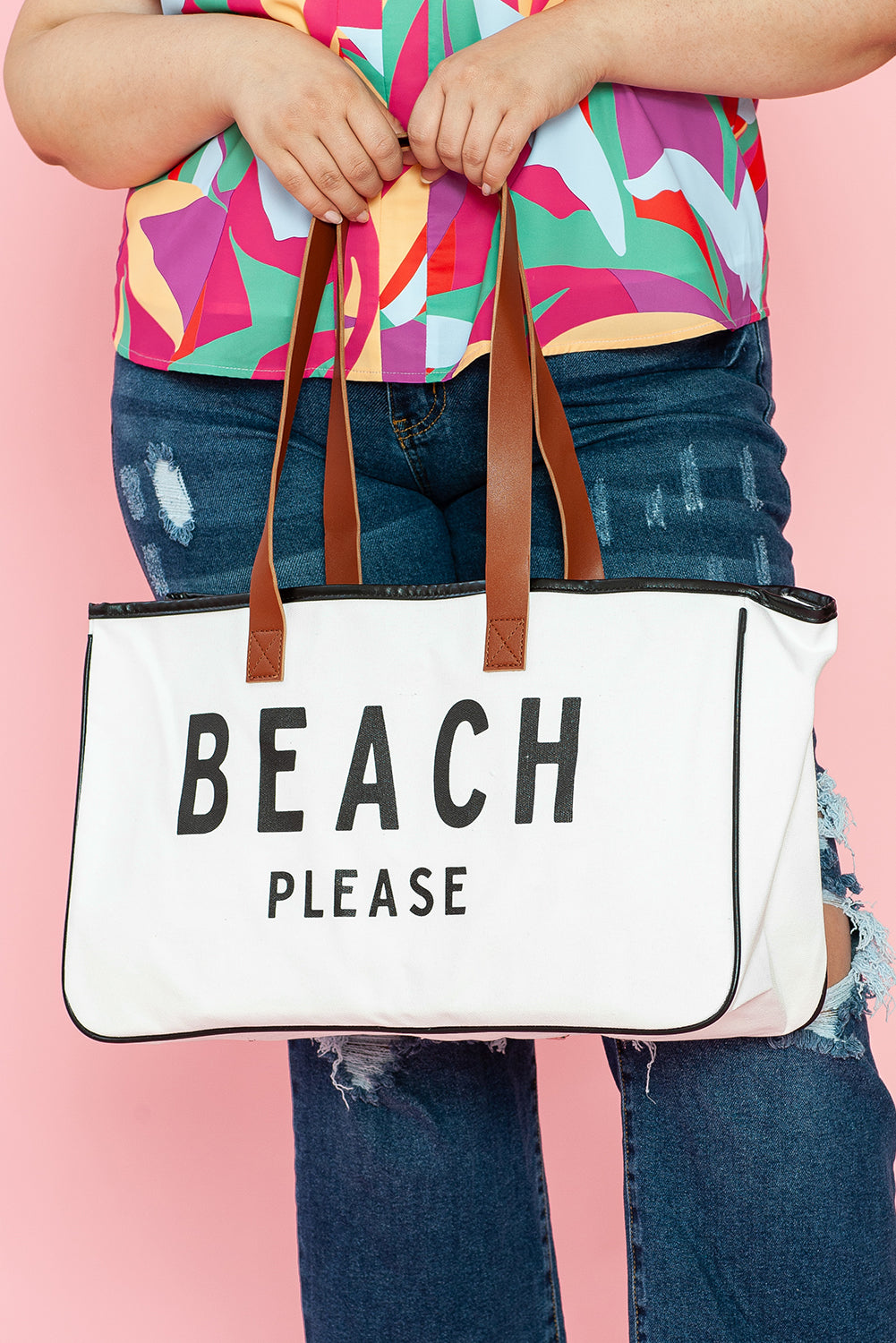 White BEACH PLEASE Print Large Canvas Tote Bag Shoes & Bags/Handbags