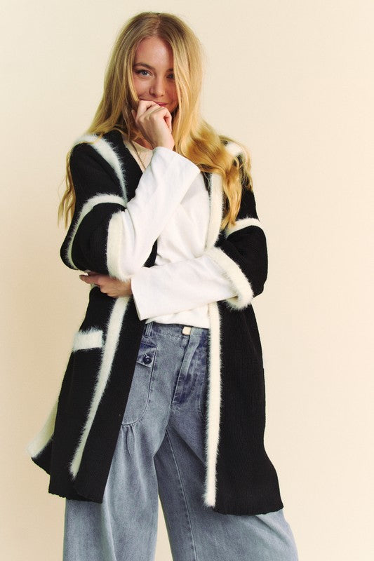 Davi & Dani Fuzzy Trim Open Front Loose Fit Cardigan 