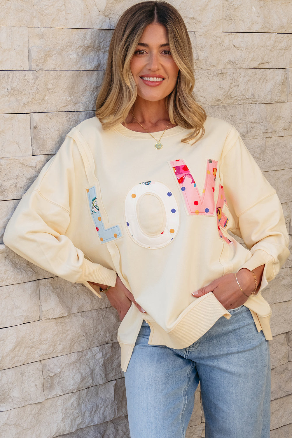 Apricot LOVE PATCH Graphic Oversized Sweatshirt Tops/Sweatshirts & Hoodies