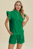 Double Take Full Size Texture Flounce Sleeve Top and Shorts Set 