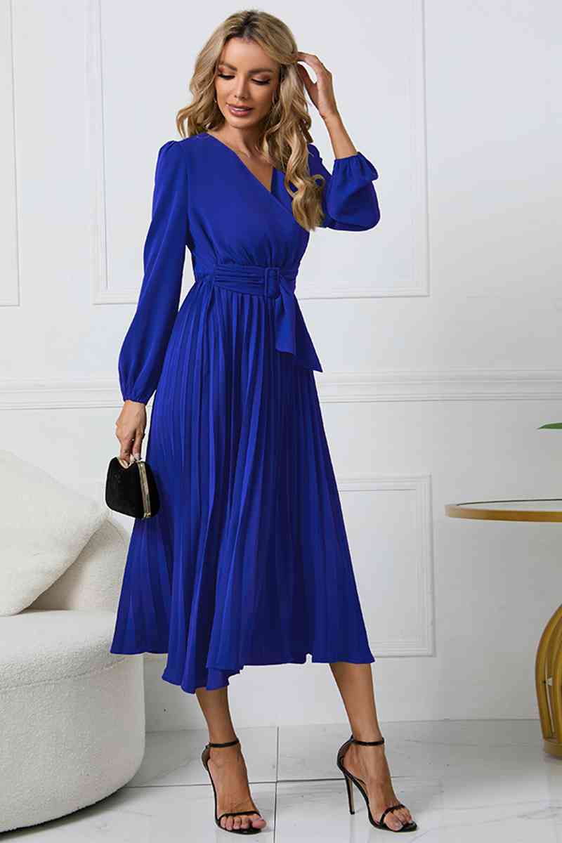 V-Neck Long Sleeve Tie Waist Midi Dress Dresses